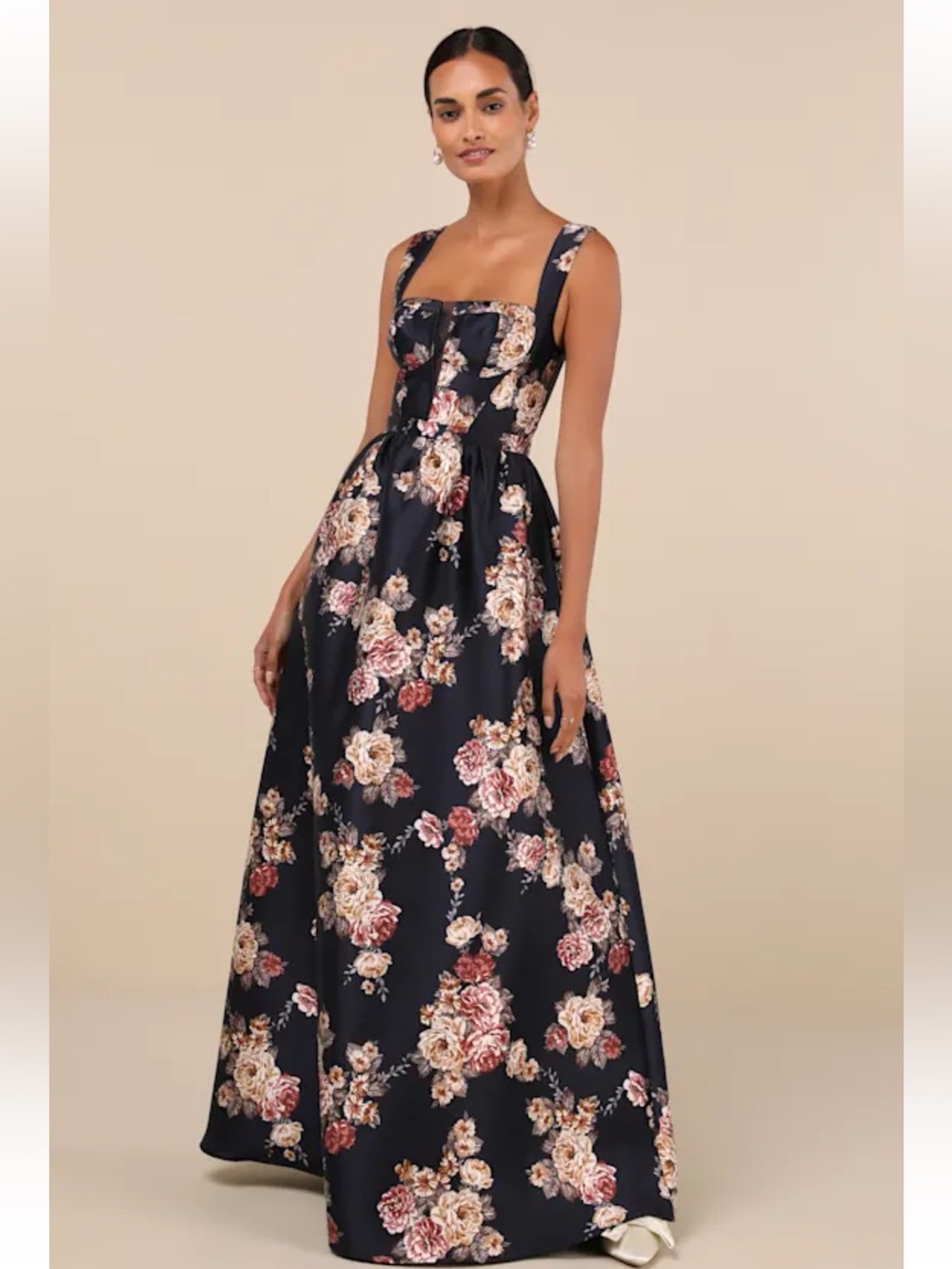 Lulu's Navy Floral Square-Neck Maxi Dress